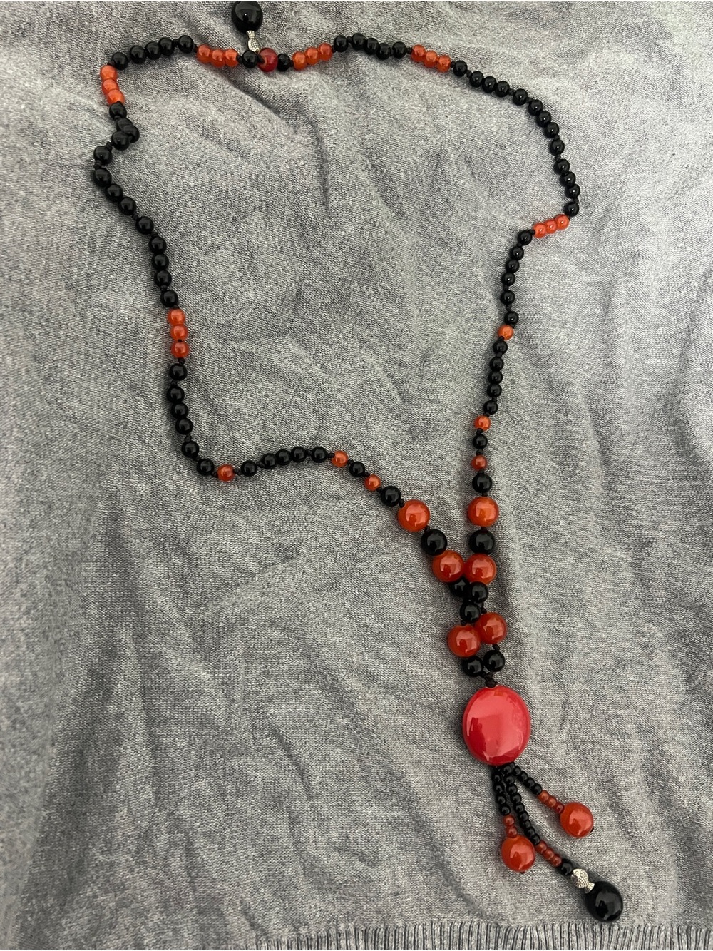 Black and Red Beaded Tassel Necklace